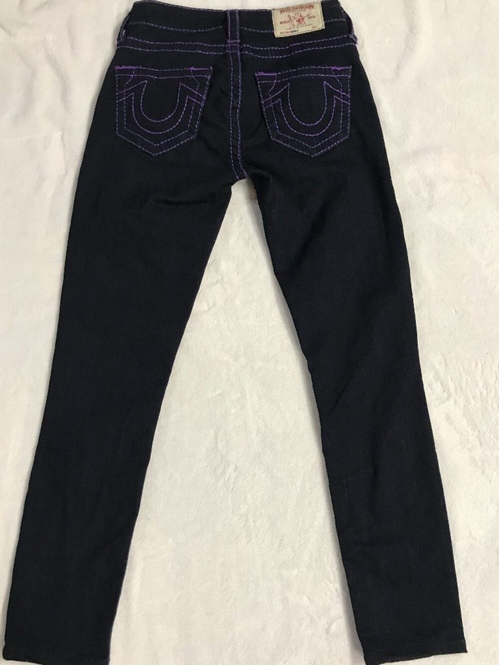 True Religion Skinny Jeans Size 27 Dark Wash Purple Stitch Low Rise Y2K